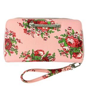 Betsey Johnson Wristlet Pink Floral Rose Heart Charm Zip Around Wallet